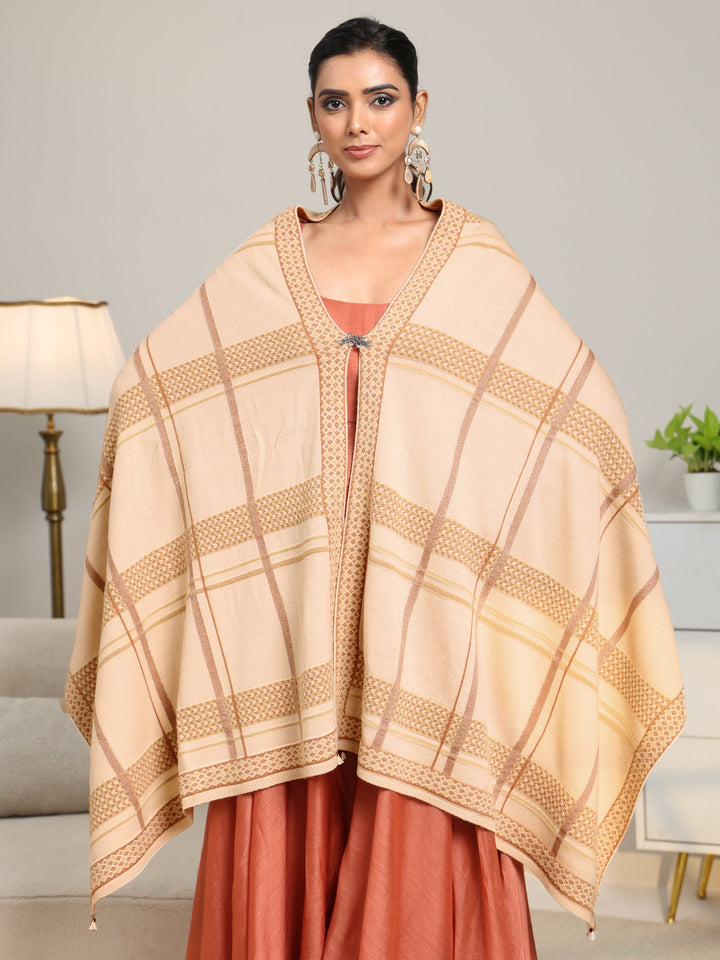 Libas Beige Striped Knitted Acrylic Wrap Shawl