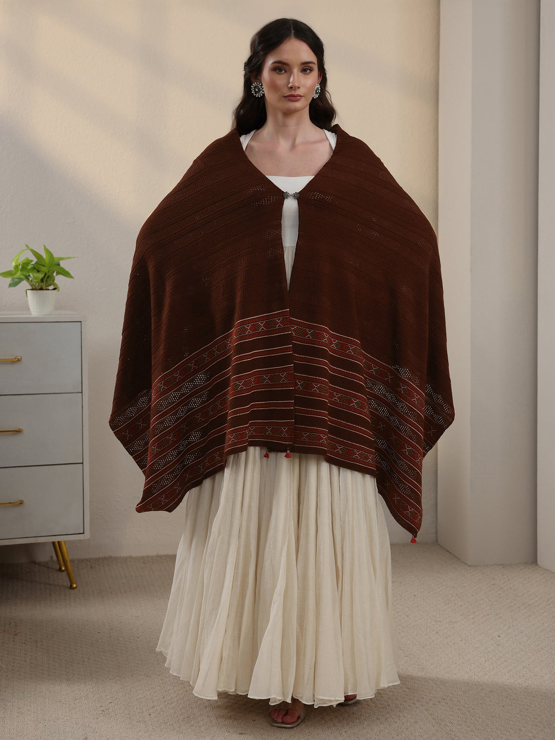 Libas Brown Ethnic Striped Knitted Acrylic Wrap Shawl