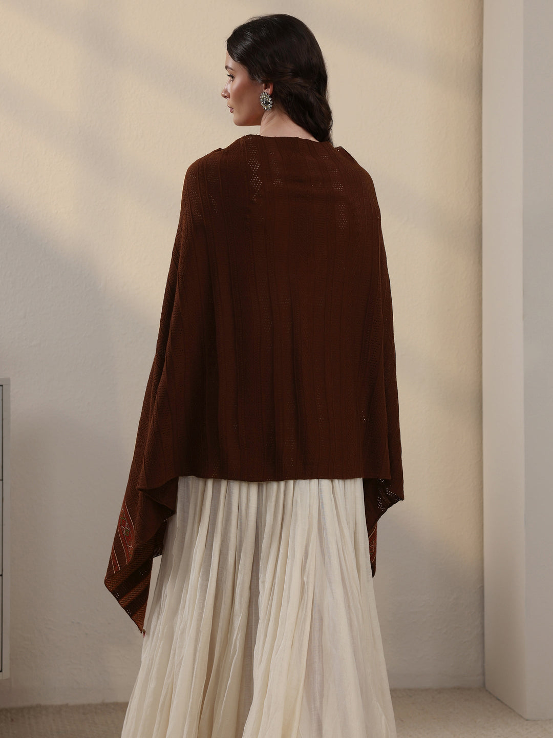 Libas Brown Ethnic Striped Knitted Acrylic Wrap Shawl