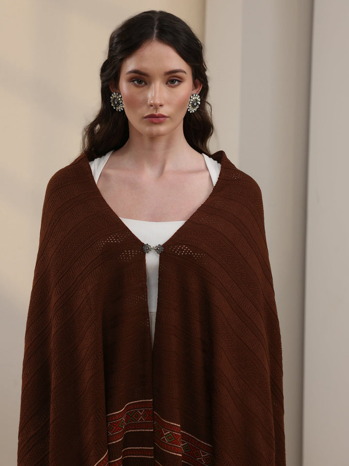 Libas Brown Ethnic Striped Knitted Acrylic Wrap Shawl