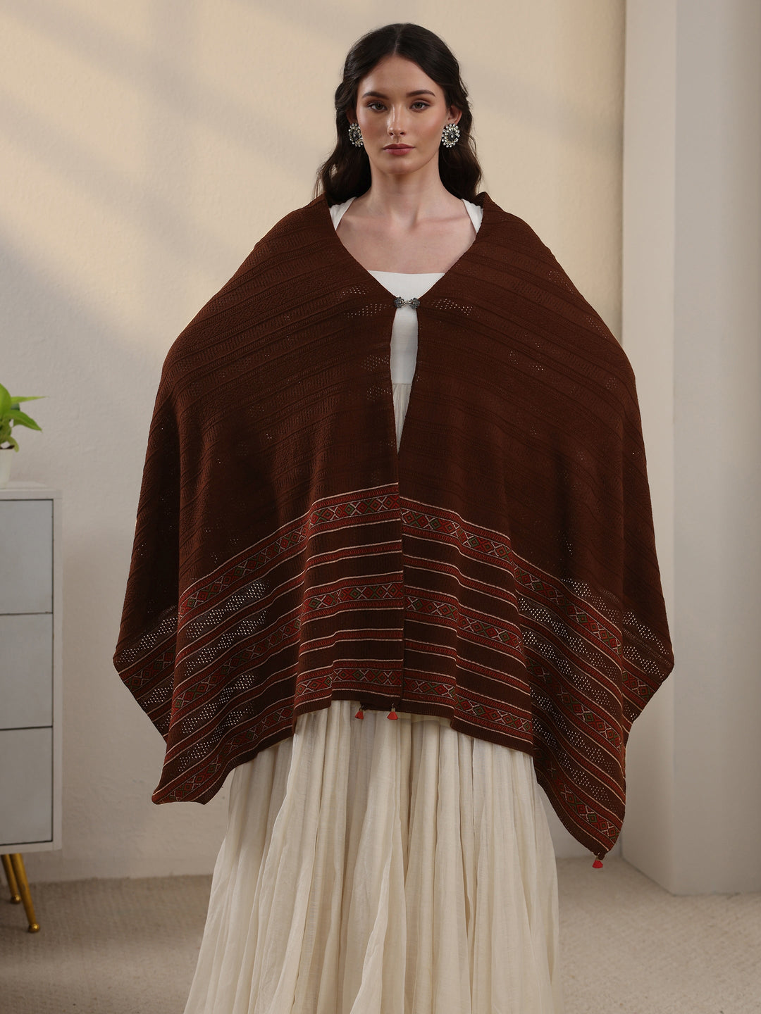 Libas Brown Ethnic Striped Knitted Acrylic Wrap Shawl