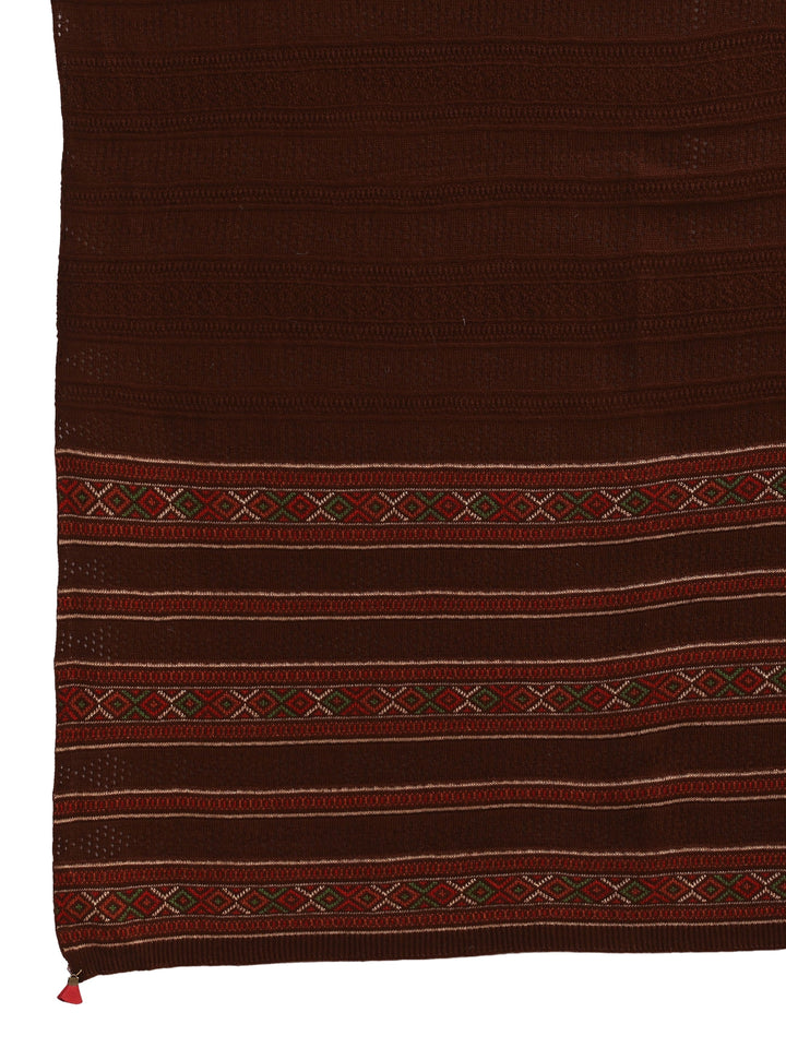 Libas Brown Ethnic Striped Knitted Acrylic Wrap Shawl
