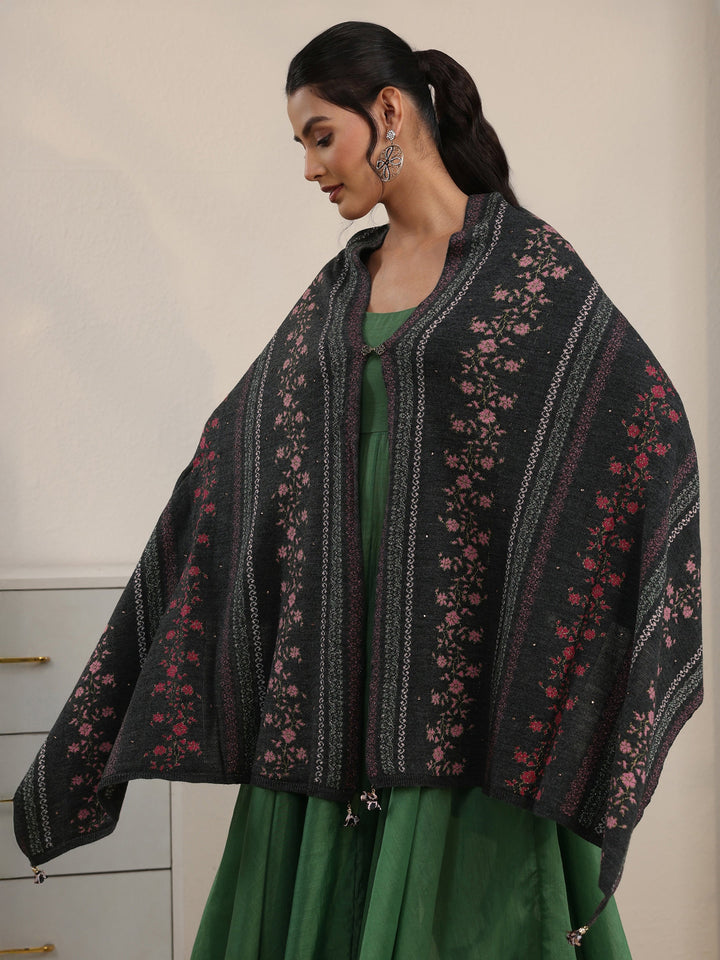 Libas Dark Grey Floral Knitted Acrylic Wrap Shawl