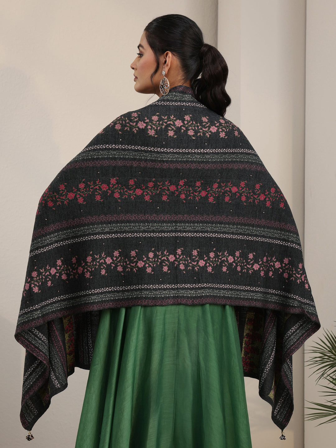 Libas Dark Grey Floral Knitted Acrylic Wrap Shawl