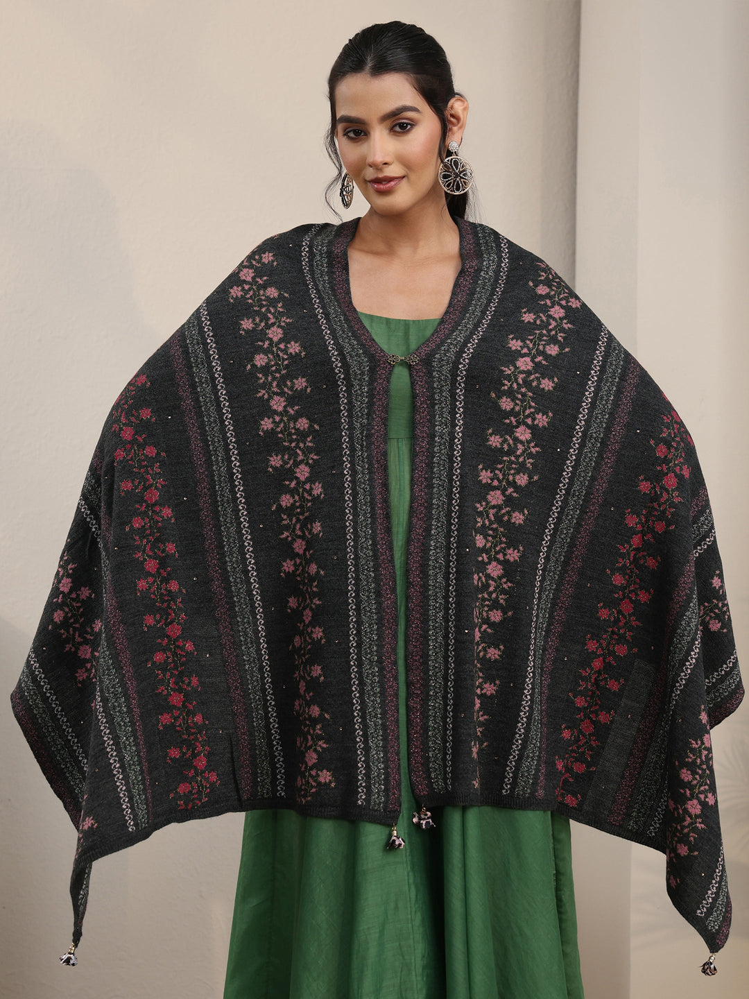 Libas Dark Grey Floral Knitted Acrylic Wrap Shawl