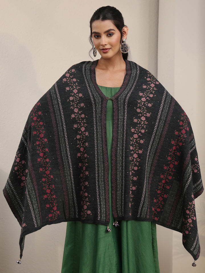 Libas Dark Grey Floral Knitted Acrylic Wrap Shawl