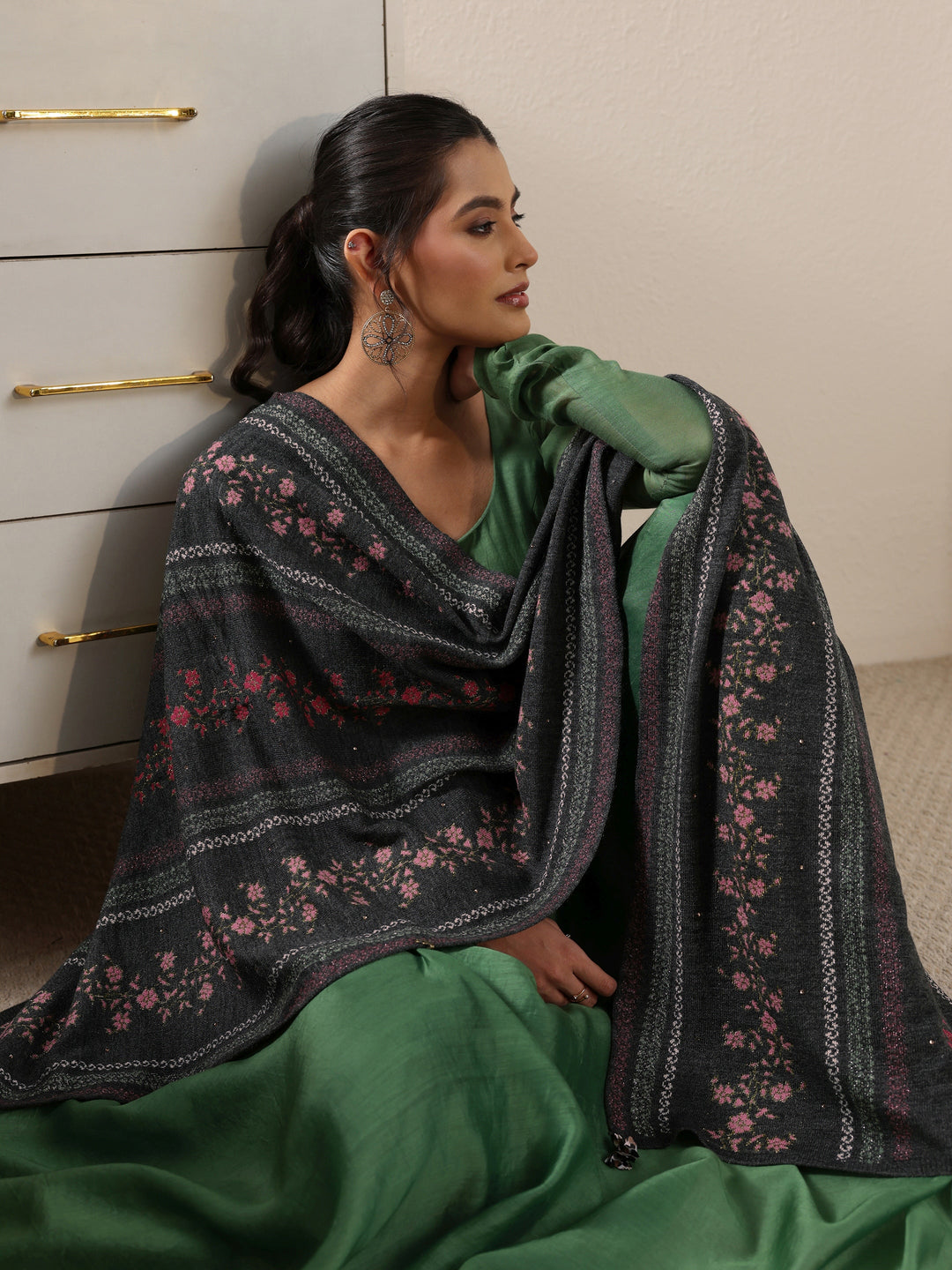 Libas Dark Grey Floral Knitted Acrylic Wrap Shawl