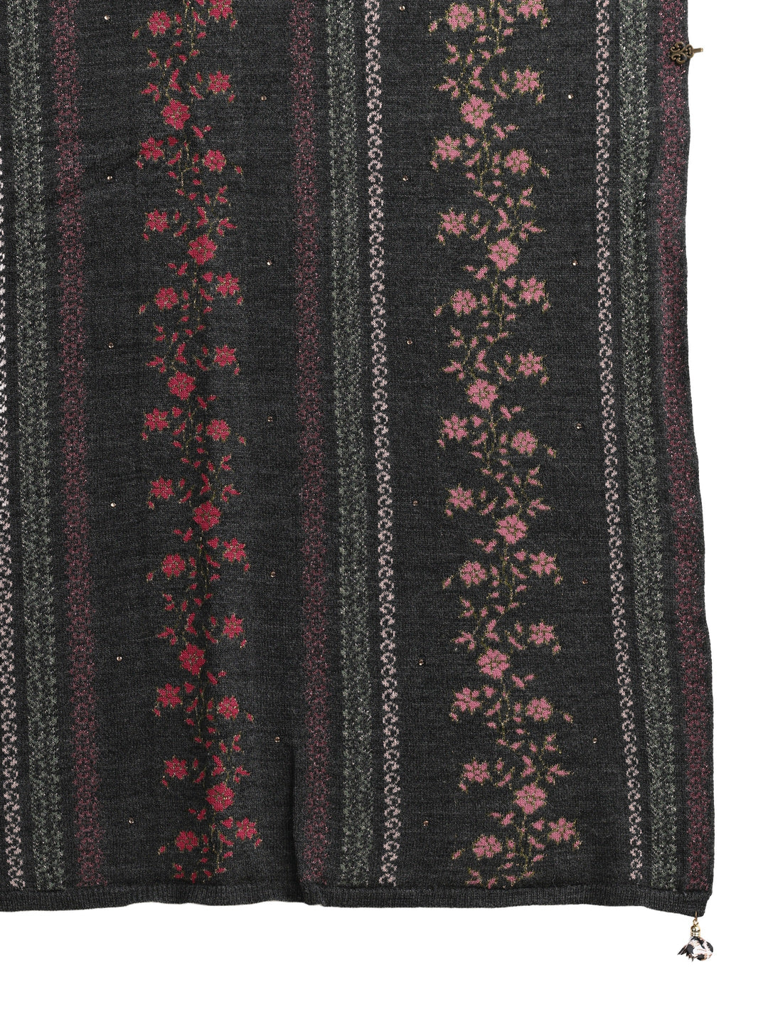 Libas Dark Grey Floral Knitted Acrylic Wrap Shawl