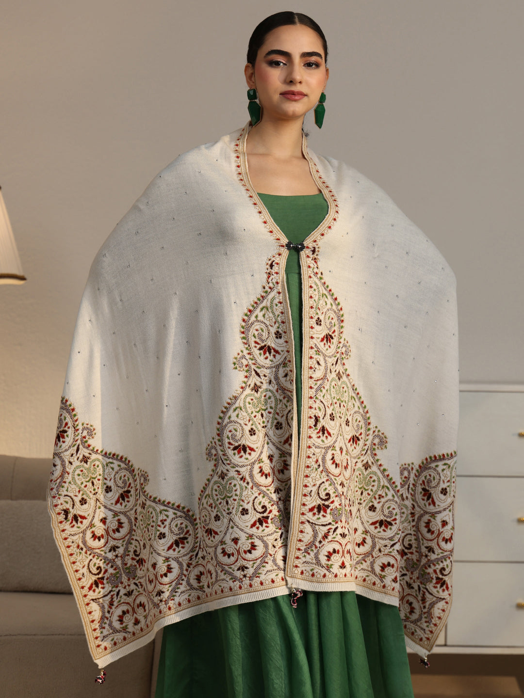 Libas White Floral Knitted Acrylic Wrap Shawl