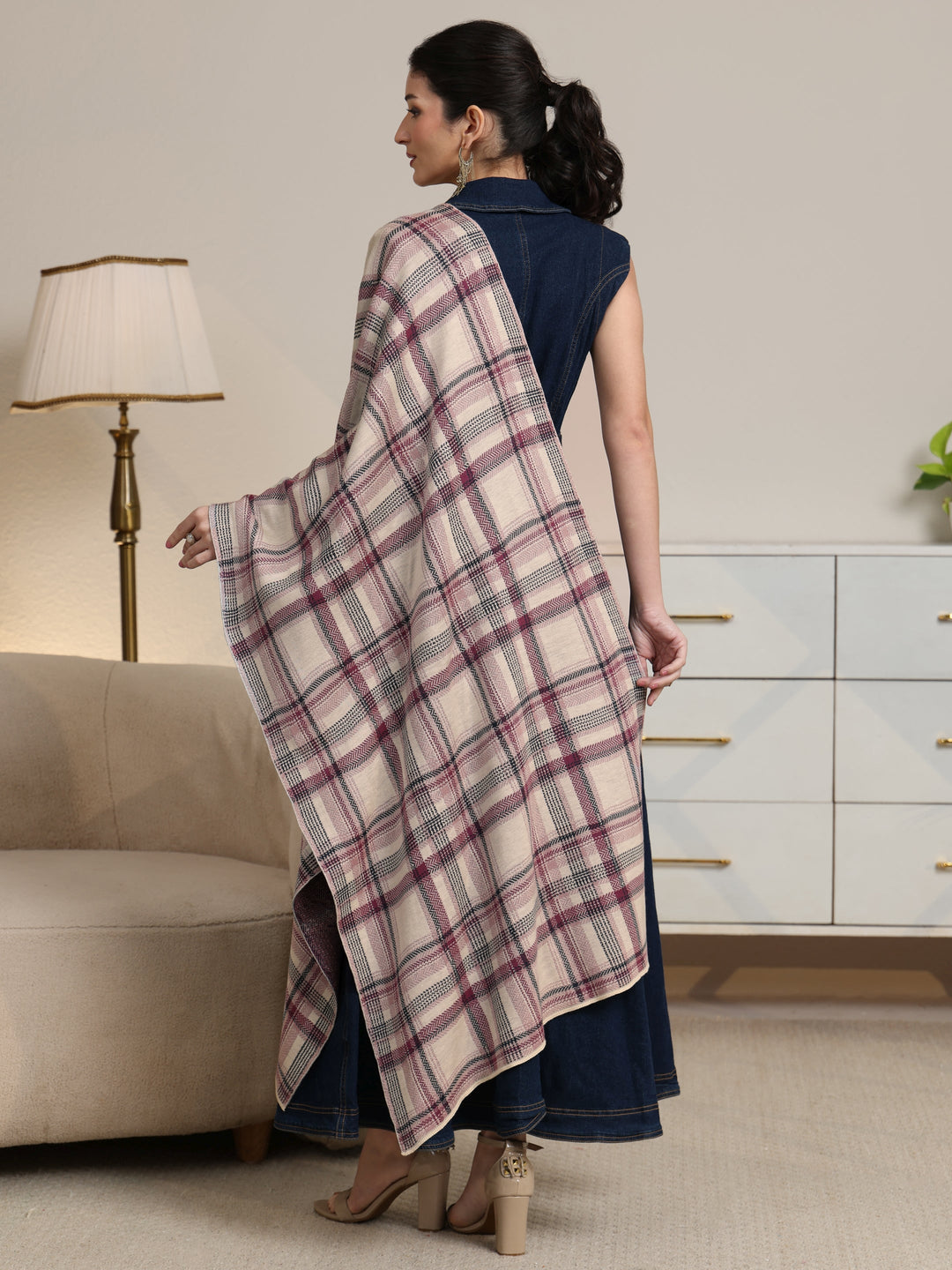 Libas Off White Checked Knitted Acrylic Shawl