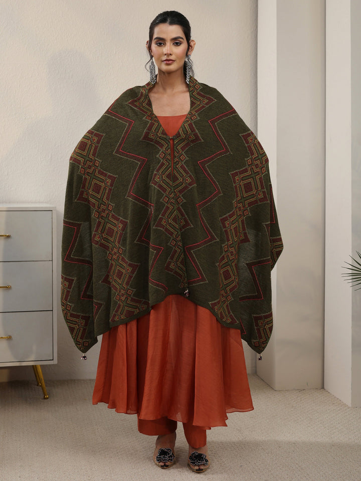 Libas Olive Green Geometric Knitted Acrylic Wrap Shawl