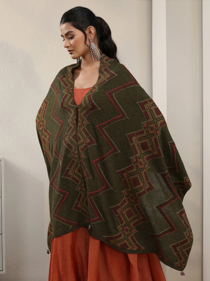 Libas Olive Green Geometric Knitted Acrylic Wrap Shawl