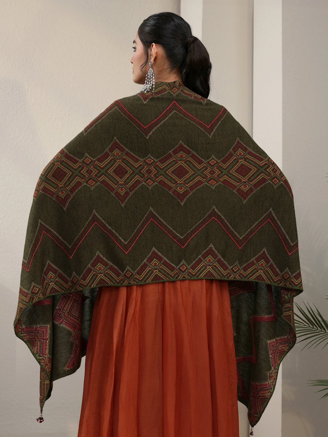 Libas Olive Green Geometric Knitted Acrylic Wrap Shawl