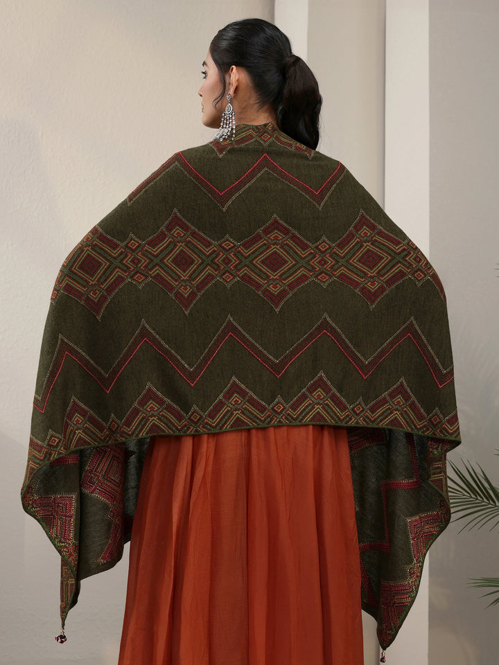 Libas Olive Green Geometric Knitted Acrylic Wrap Shawl