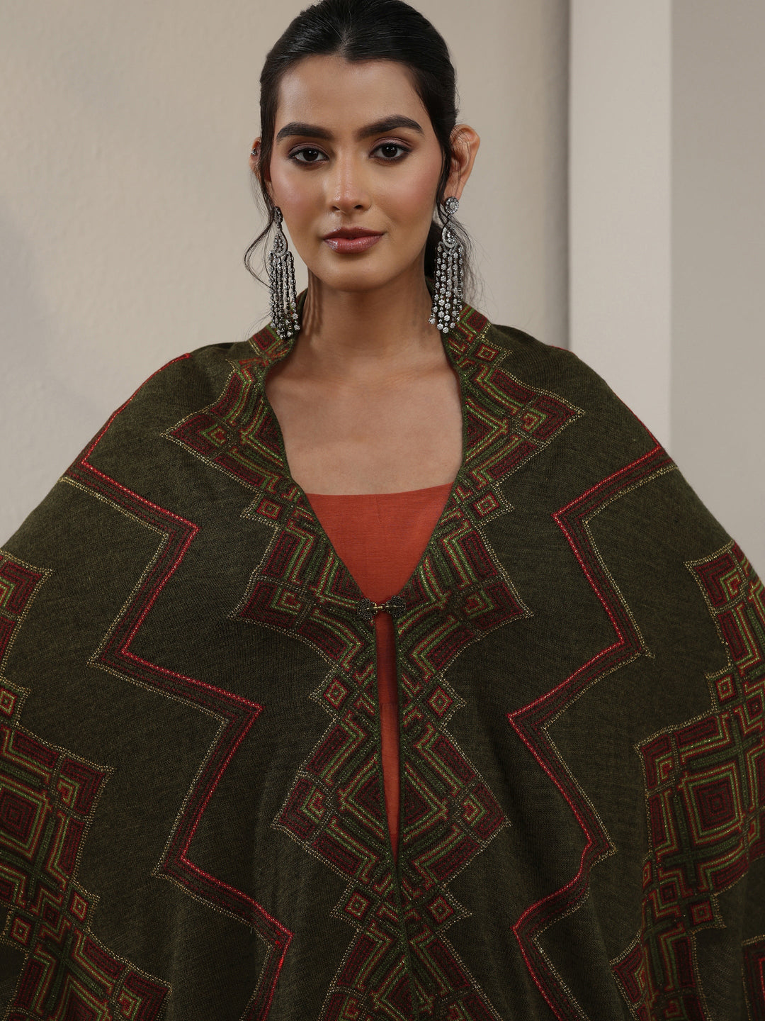 Libas Olive Green Geometric Knitted Acrylic Wrap Shawl