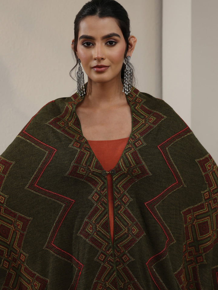 Libas Olive Green Geometric Knitted Acrylic Wrap Shawl