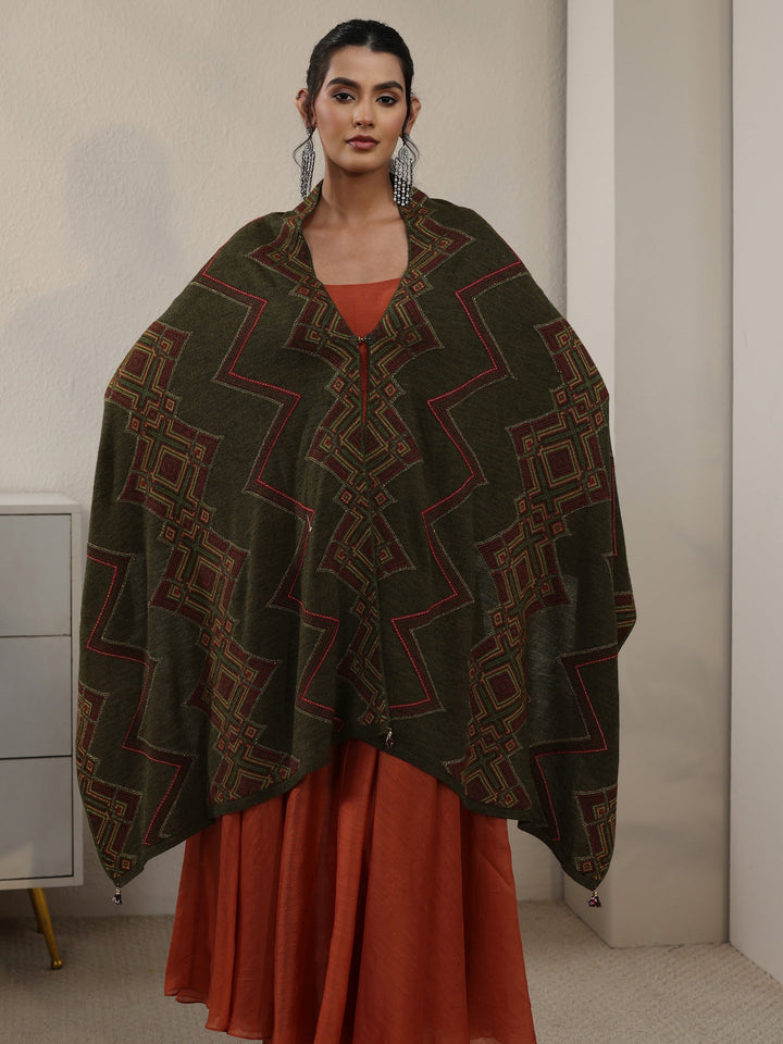 Libas Olive Green Geometric Knitted Acrylic Wrap Shawl