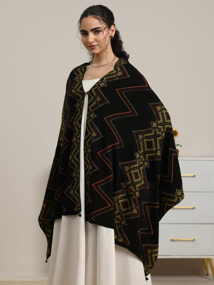 Libas Black Geometric Knitted Acrylic Wrap Shawl