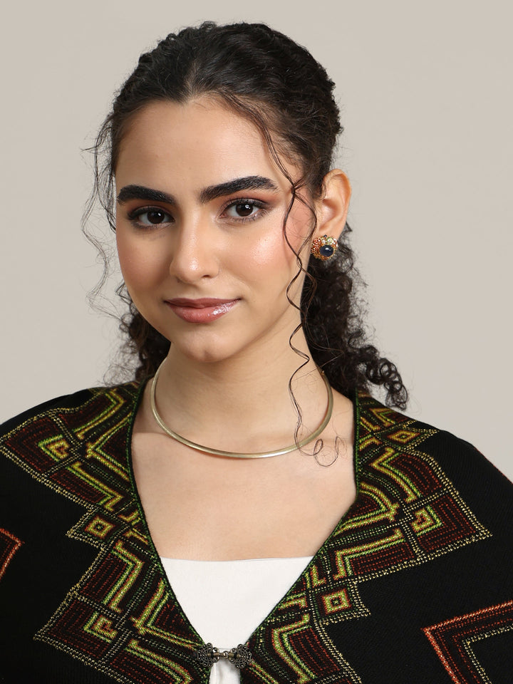 Libas Black Geometric Knitted Acrylic Wrap Shawl