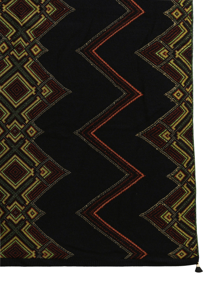 Libas Black Geometric Knitted Acrylic Wrap Shawl