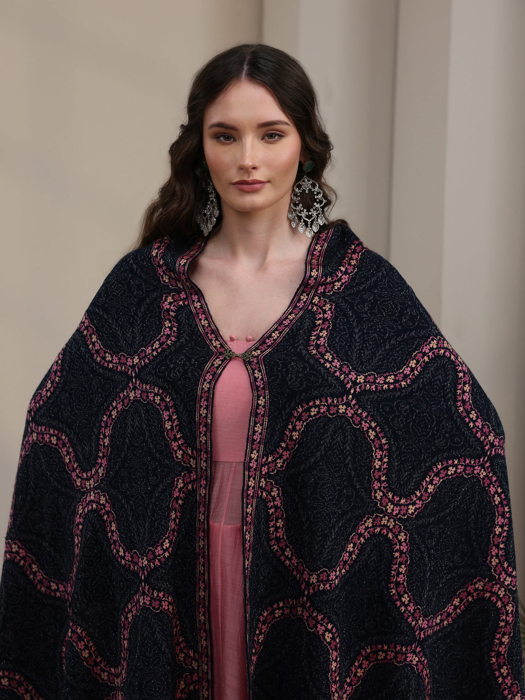 Libas Navy Blue Ethnic Knitted Acrylic Wrap Shawl