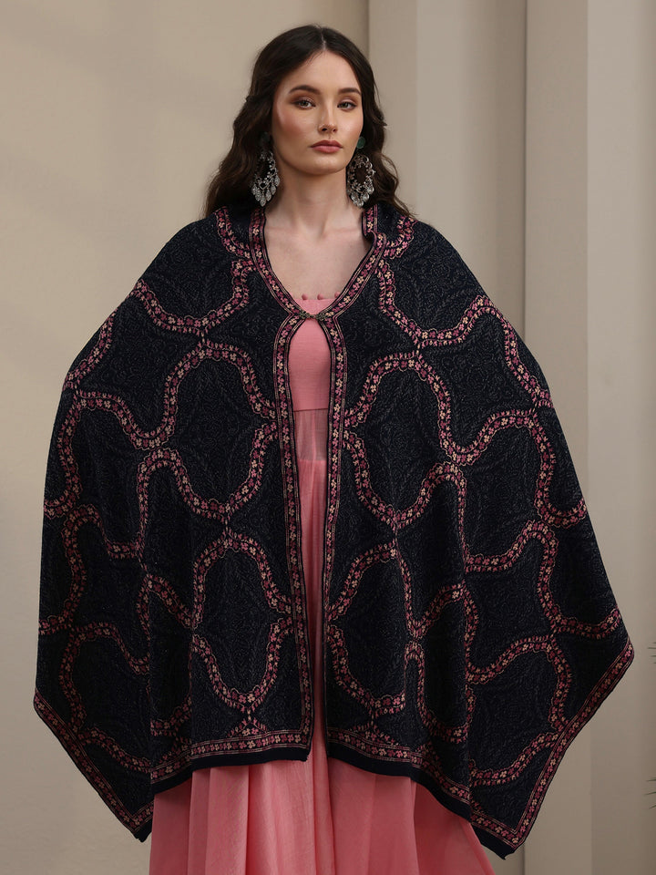 Libas Navy Blue Ethnic Knitted Acrylic Wrap Shawl
