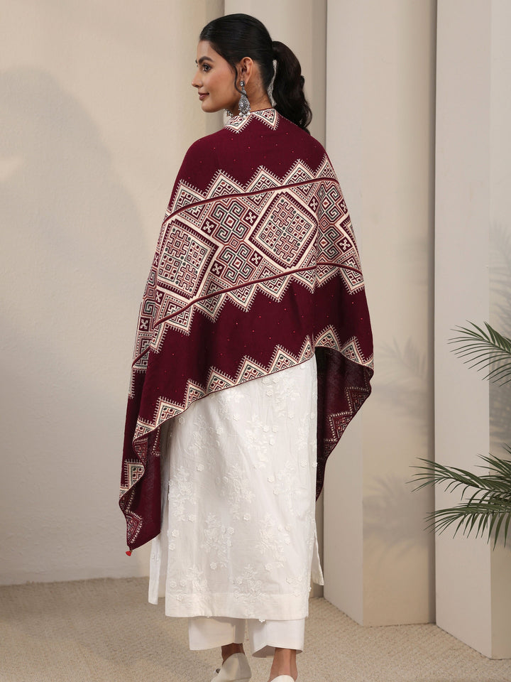 Libas Maroon Geometric Knitted Acrylic Wrap Shawl