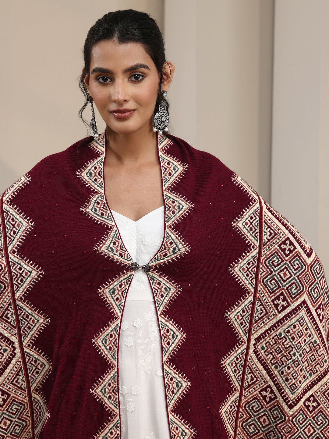 Libas Maroon Geometric Knitted Acrylic Wrap Shawl