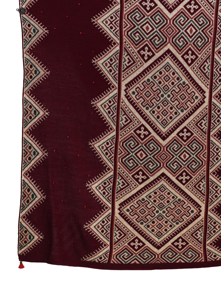 Libas Maroon Geometric Knitted Acrylic Wrap Shawl