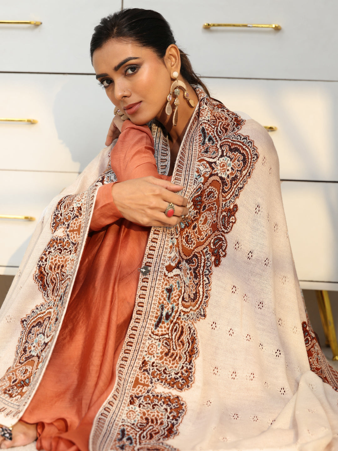 Libas White Knitted Acrylic Wrap Shawl