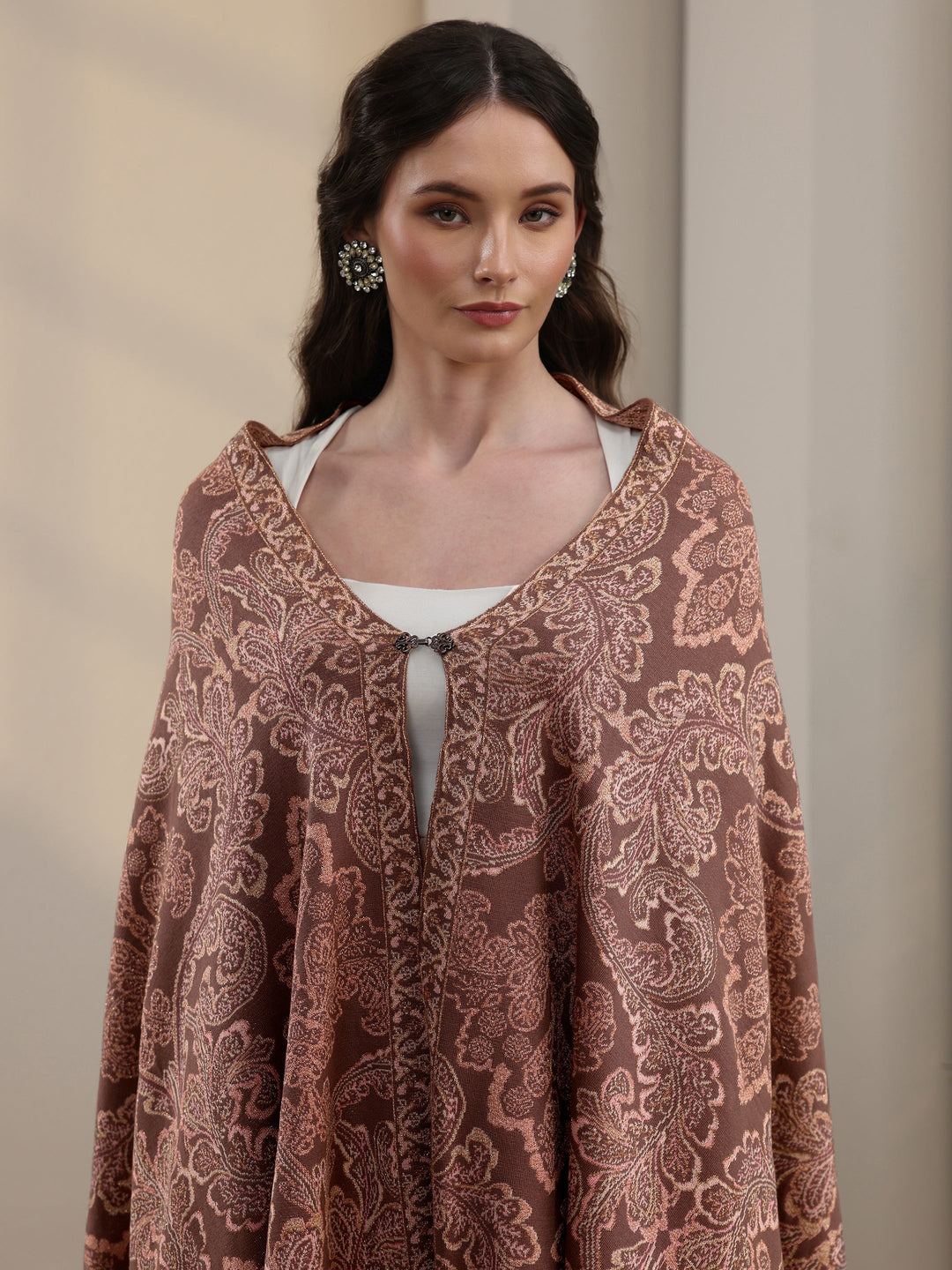 Libas Mauve Floral Knitted Acrylic Wrap Shawl
