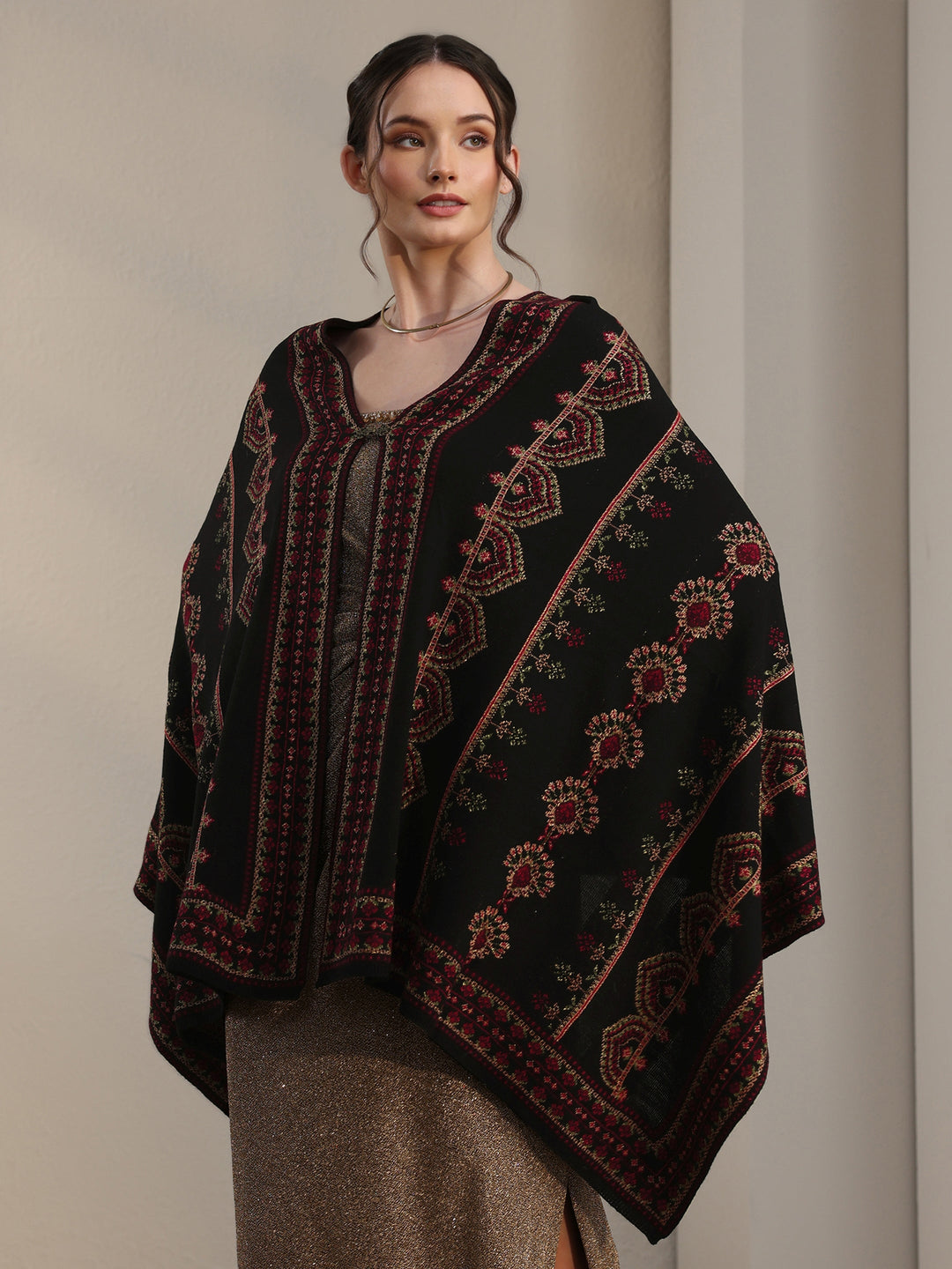 Libas Black Ethnic Knitted Acrylic Wrap Shawl