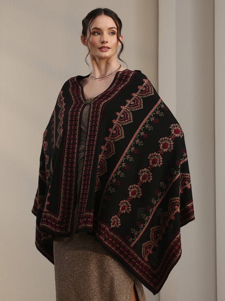 Libas Black Ethnic Knitted Acrylic Wrap Shawl