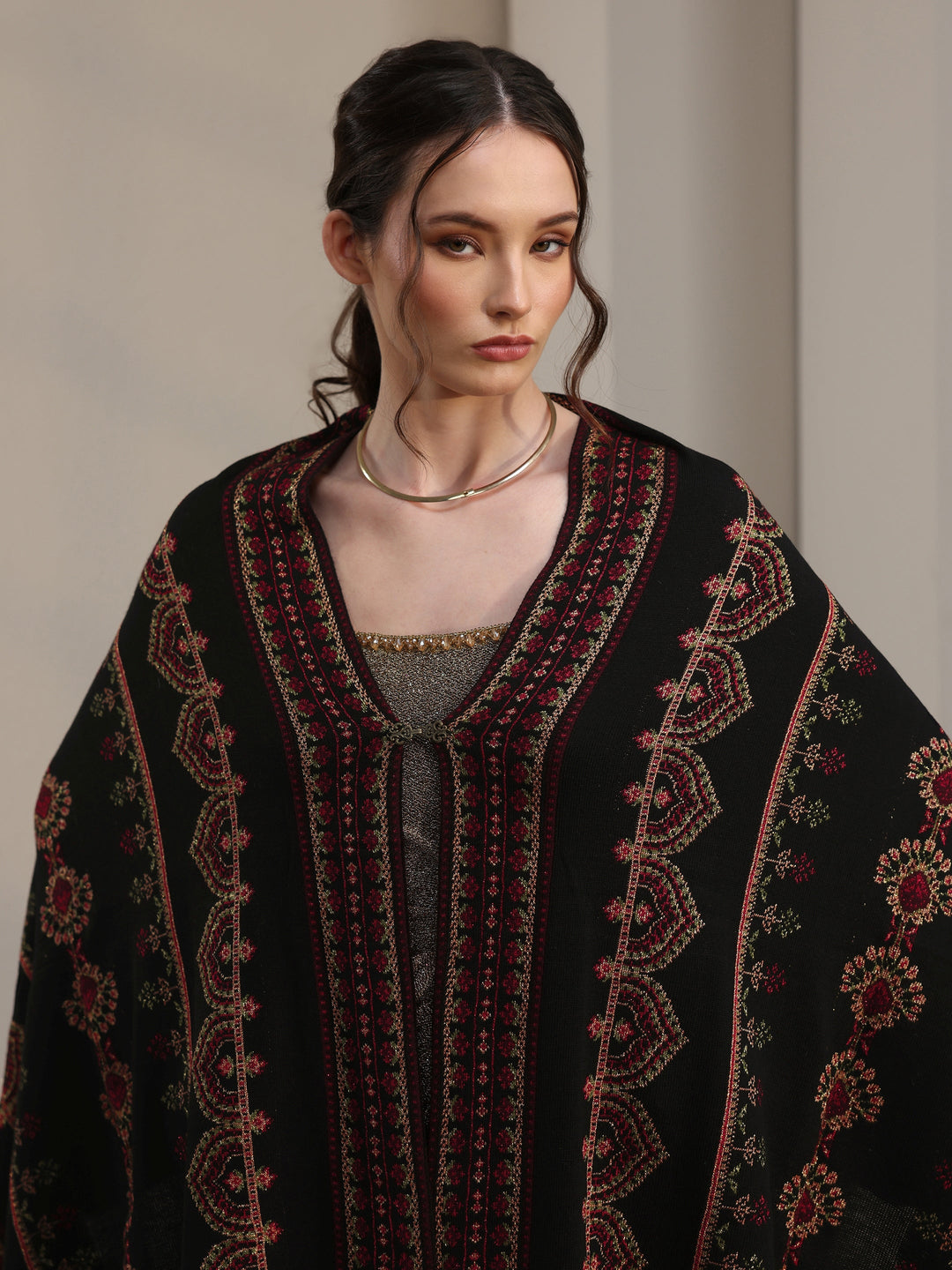 Libas Black Ethnic Knitted Acrylic Wrap Shawl