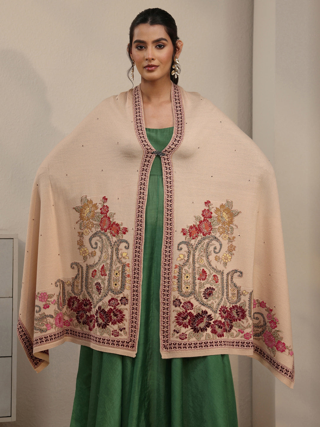 Libas Beige Floral Knitted Acrylic Wrap Shawl