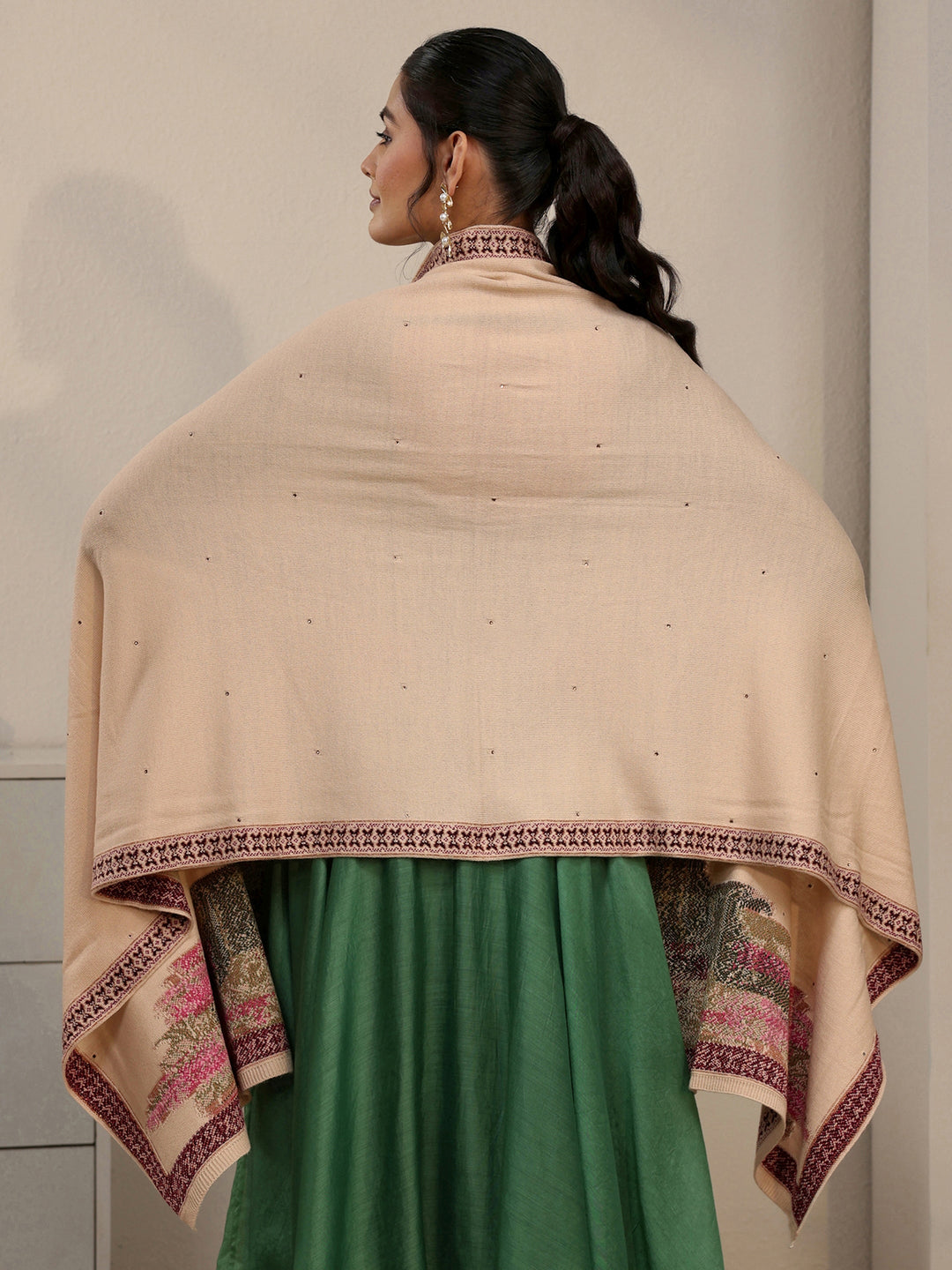 Libas Beige Floral Knitted Acrylic Wrap Shawl