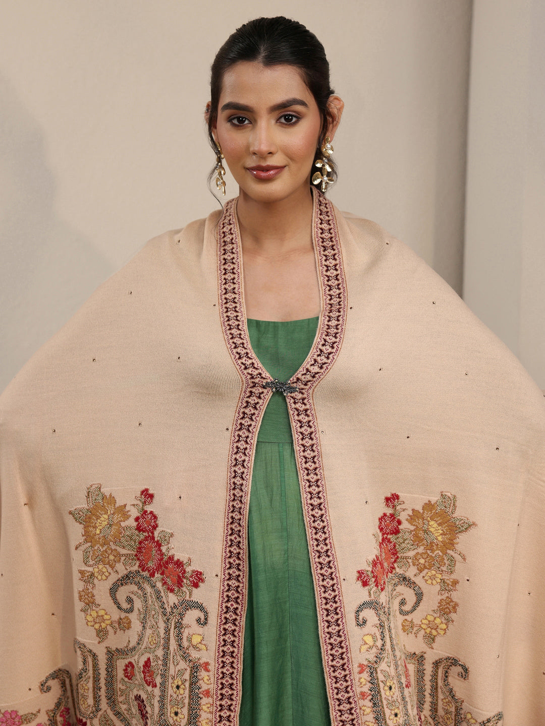 Libas Beige Floral Knitted Acrylic Wrap Shawl