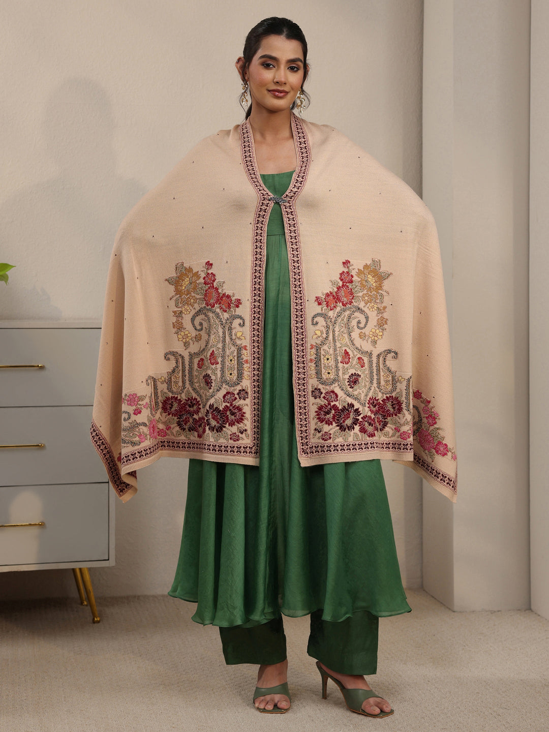 Libas Beige Floral Knitted Acrylic Wrap Shawl