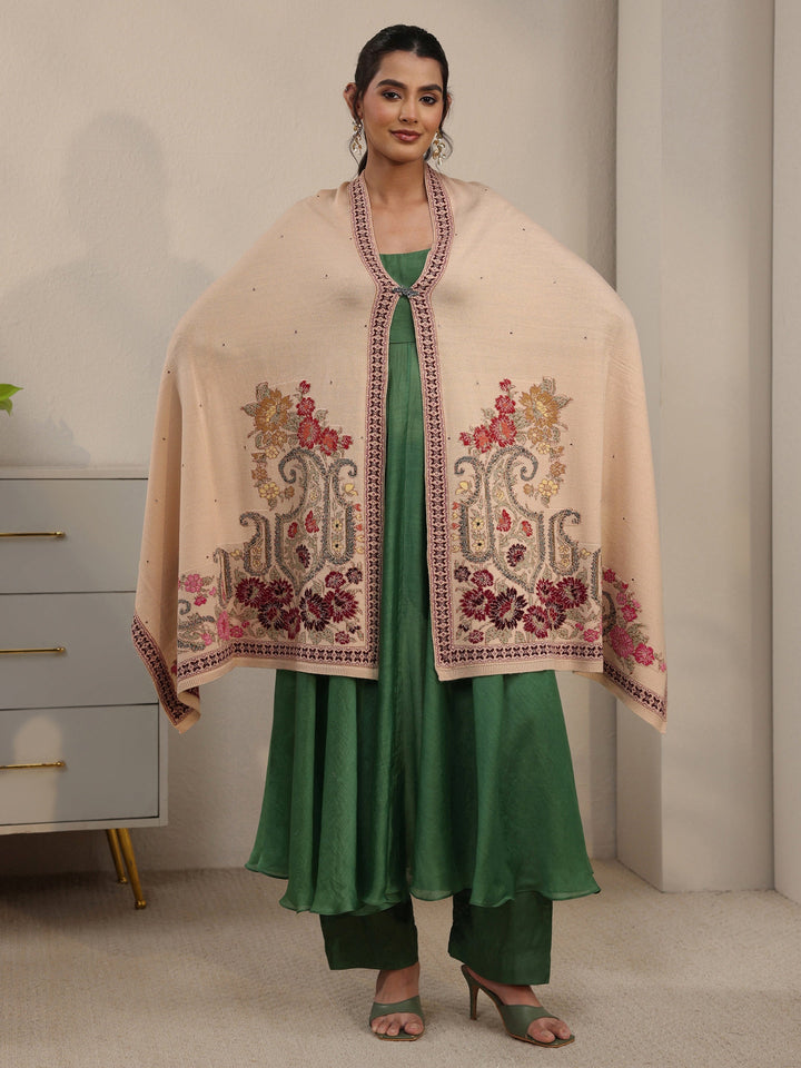 Libas Beige Floral Knitted Acrylic Wrap Shawl