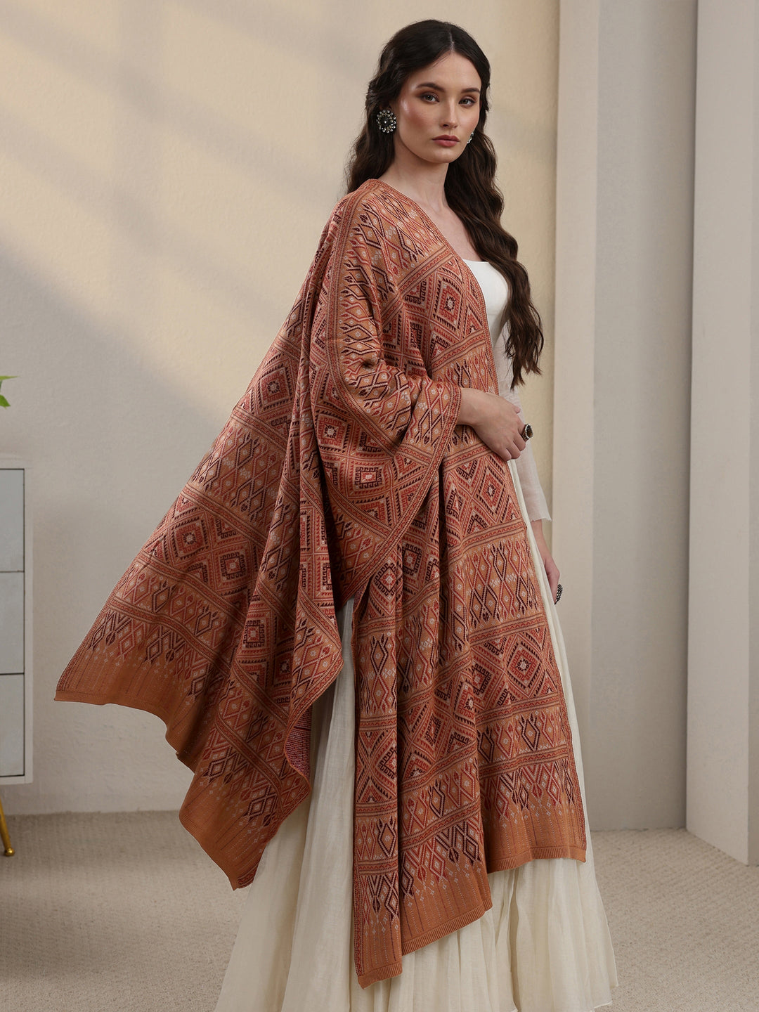Libas Rust Geometric Knitted Acrylic Shawl