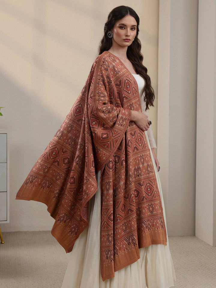 Libas Rust Geometric Knitted Acrylic Shawl