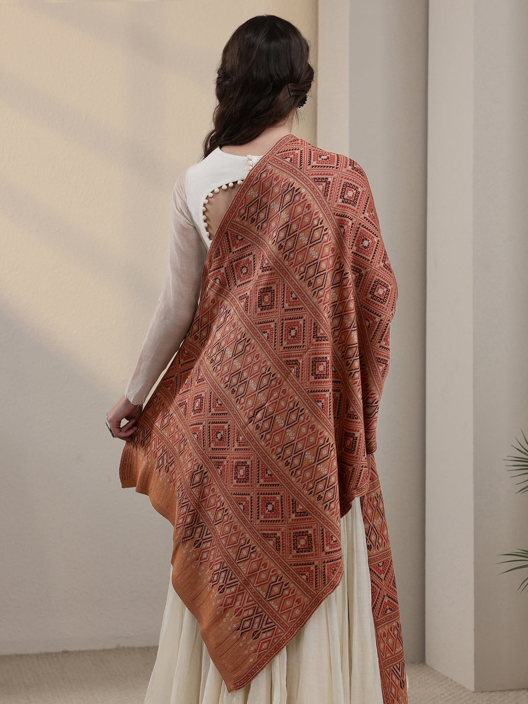 Libas Rust Geometric Knitted Acrylic Shawl