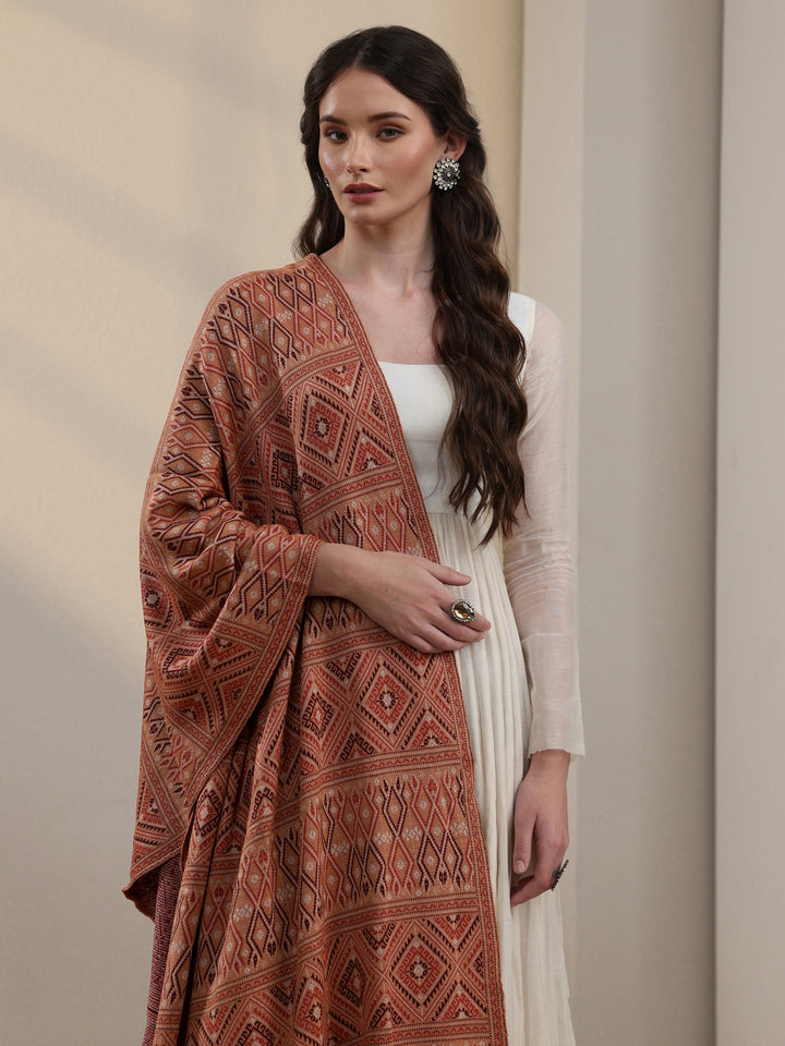 Libas Rust Geometric Knitted Acrylic Shawl