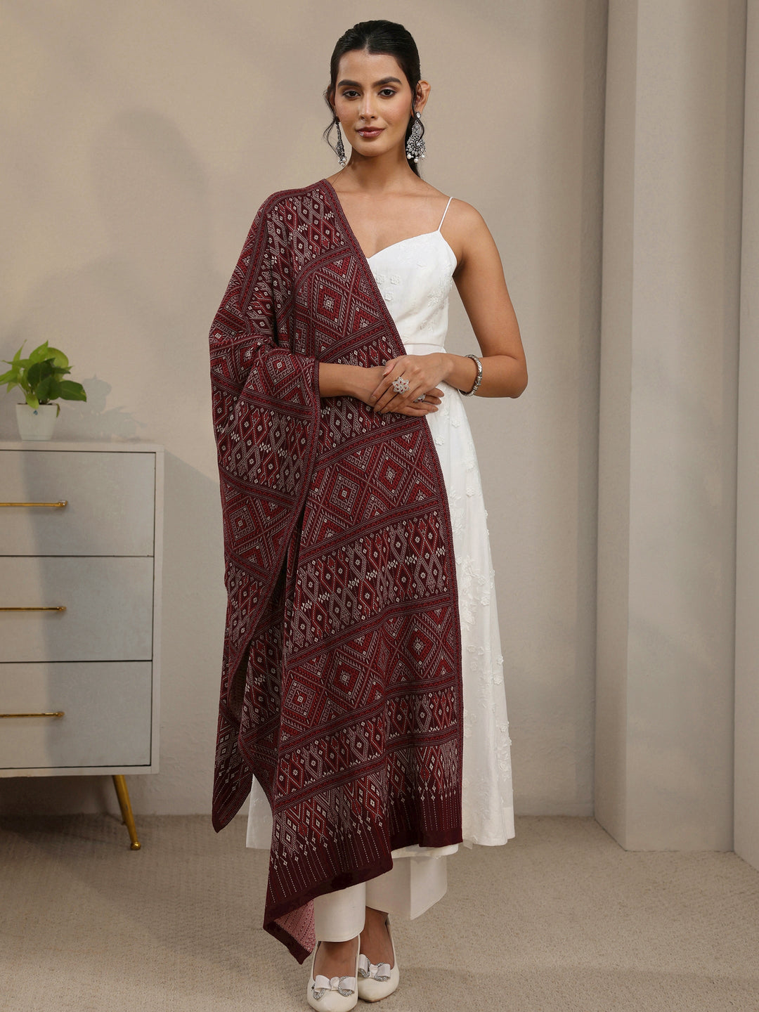 Libas Maroon Geometric Knitted Acrylic Shawl