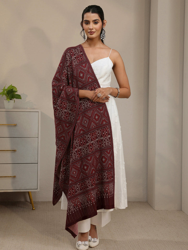Libas Maroon Geometric Knitted Acrylic Shawl