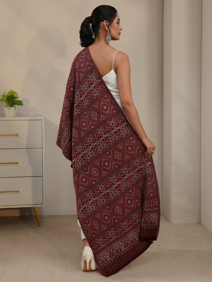 Libas Maroon Geometric Knitted Acrylic Shawl