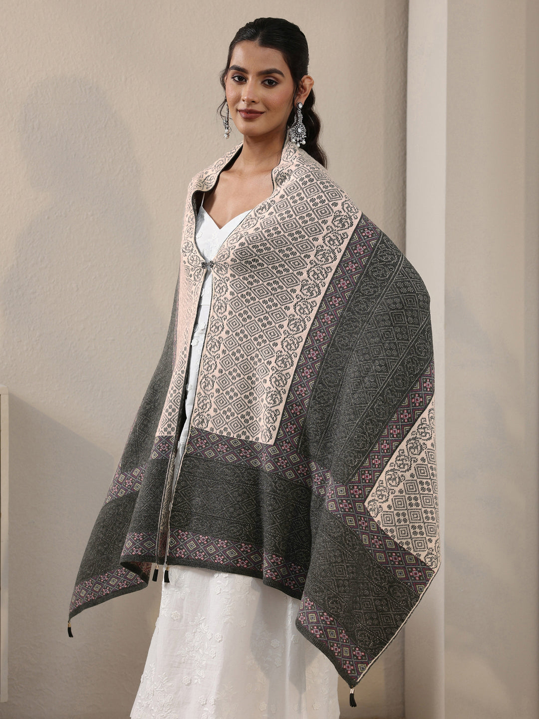 Libas Grey Geometric Knitted Acrylic Wrap Shawl