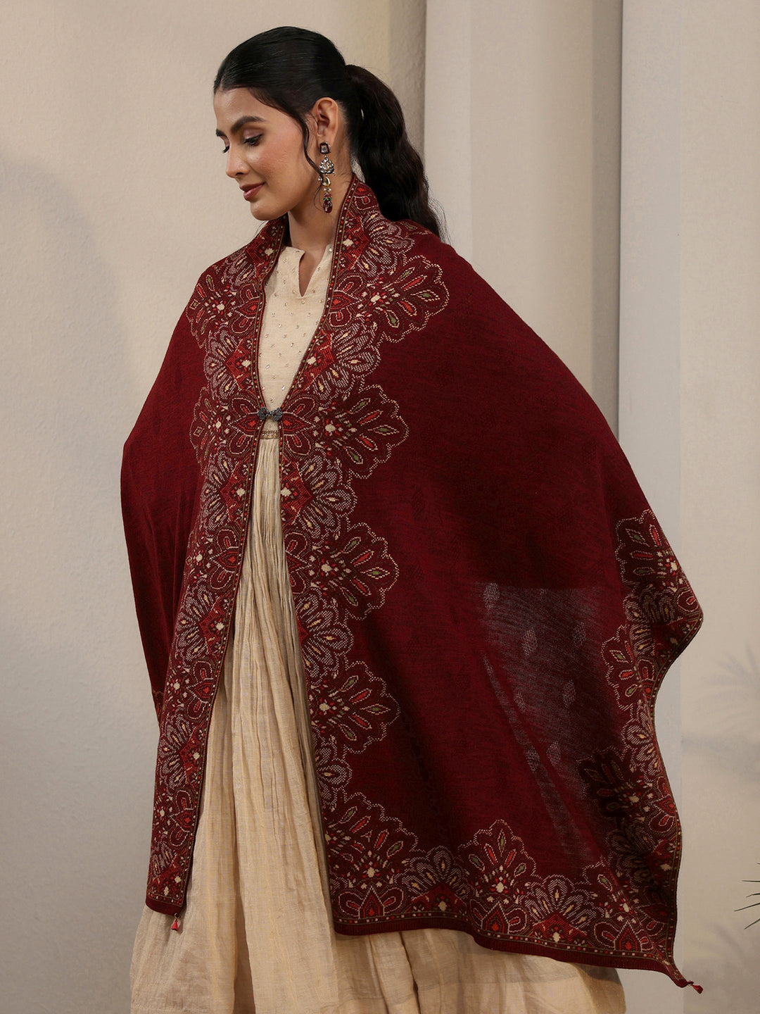 Libas Maroon Ethnic Knitted Acrylic Wrap Shawl
