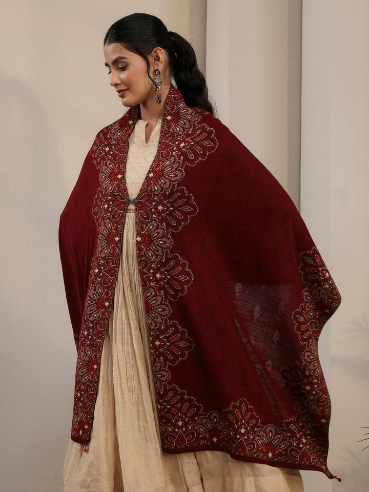 Libas Maroon Ethnic Knitted Acrylic Wrap Shawl