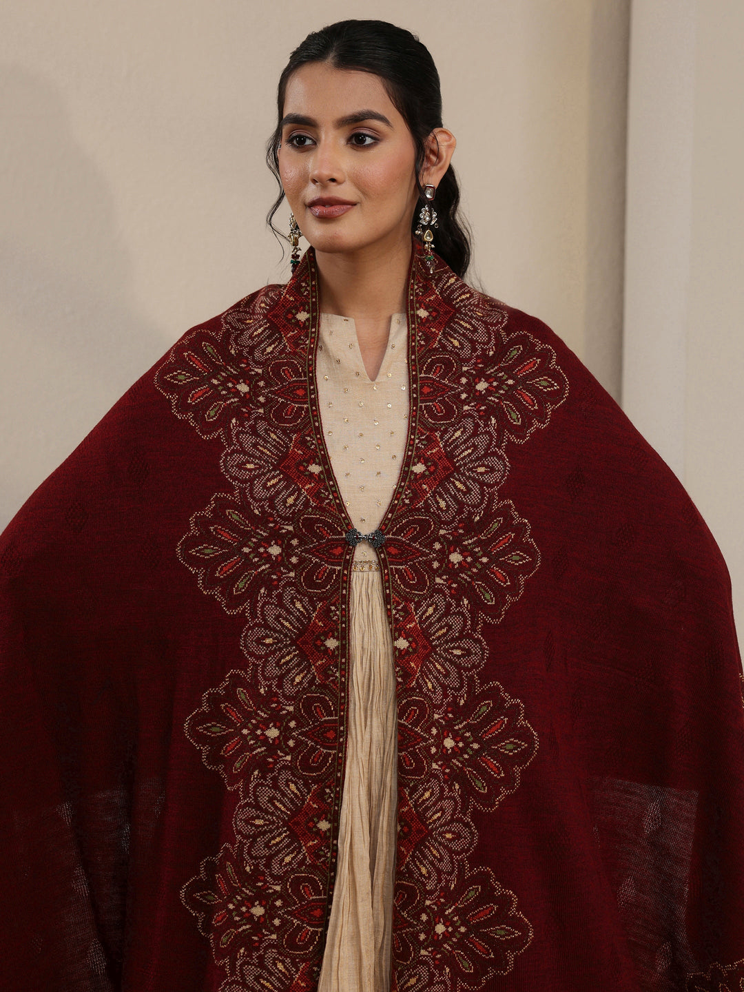 Libas Maroon Ethnic Knitted Acrylic Wrap Shawl
